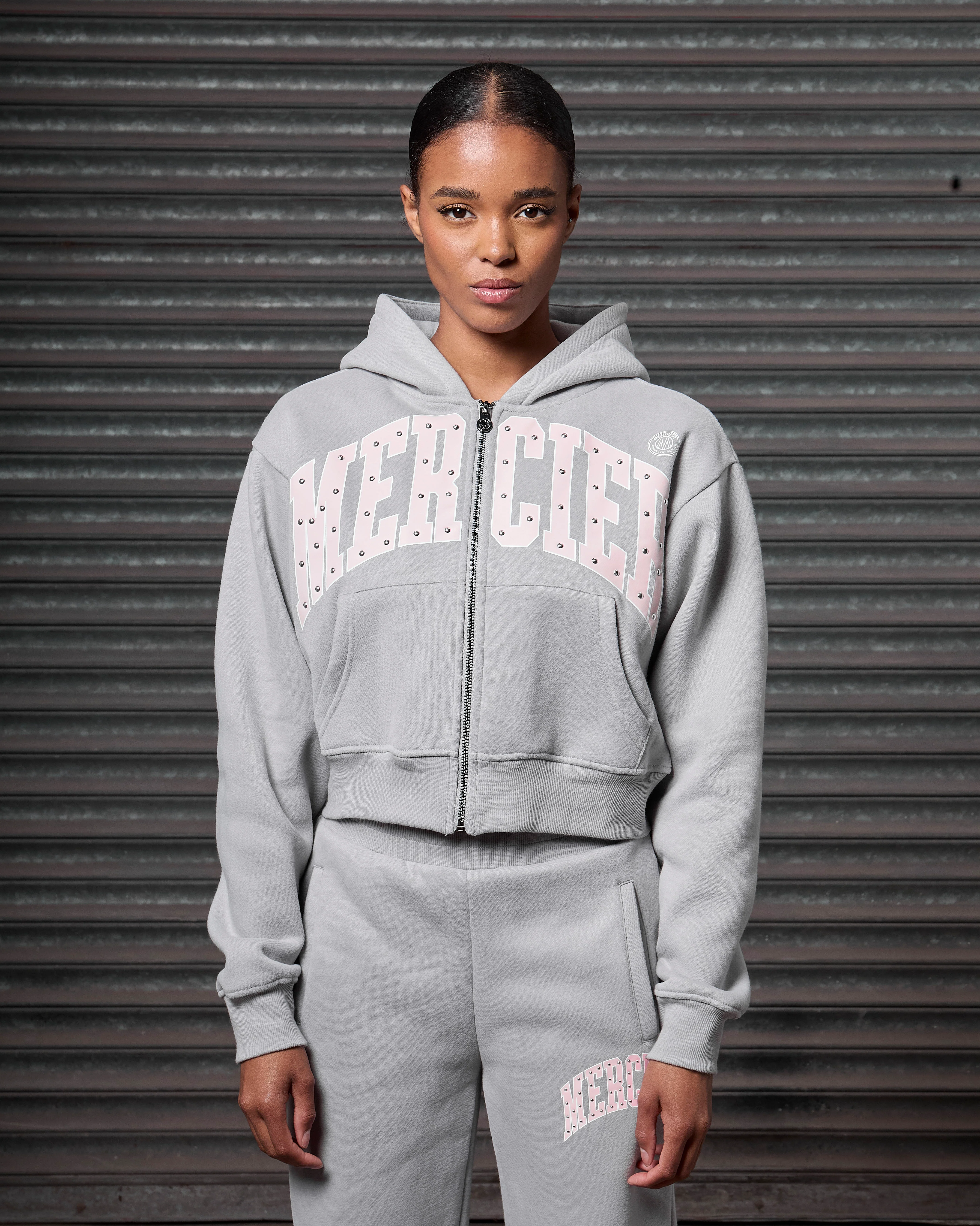 Womens Studded Zip Hoodie Grey - Image 3